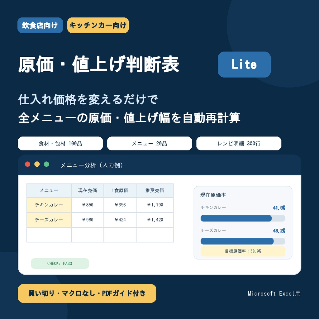 【Excel】飲食店・キッチンカー 原価・値上げ判断表 Lite｜仕入れ価格を変えるだけで全メニュー自動再計算