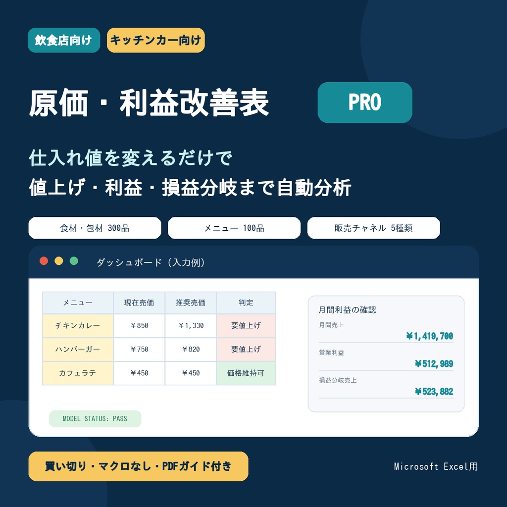 【Excel】飲食店・キッチンカー 原価・利益改善表 PRO