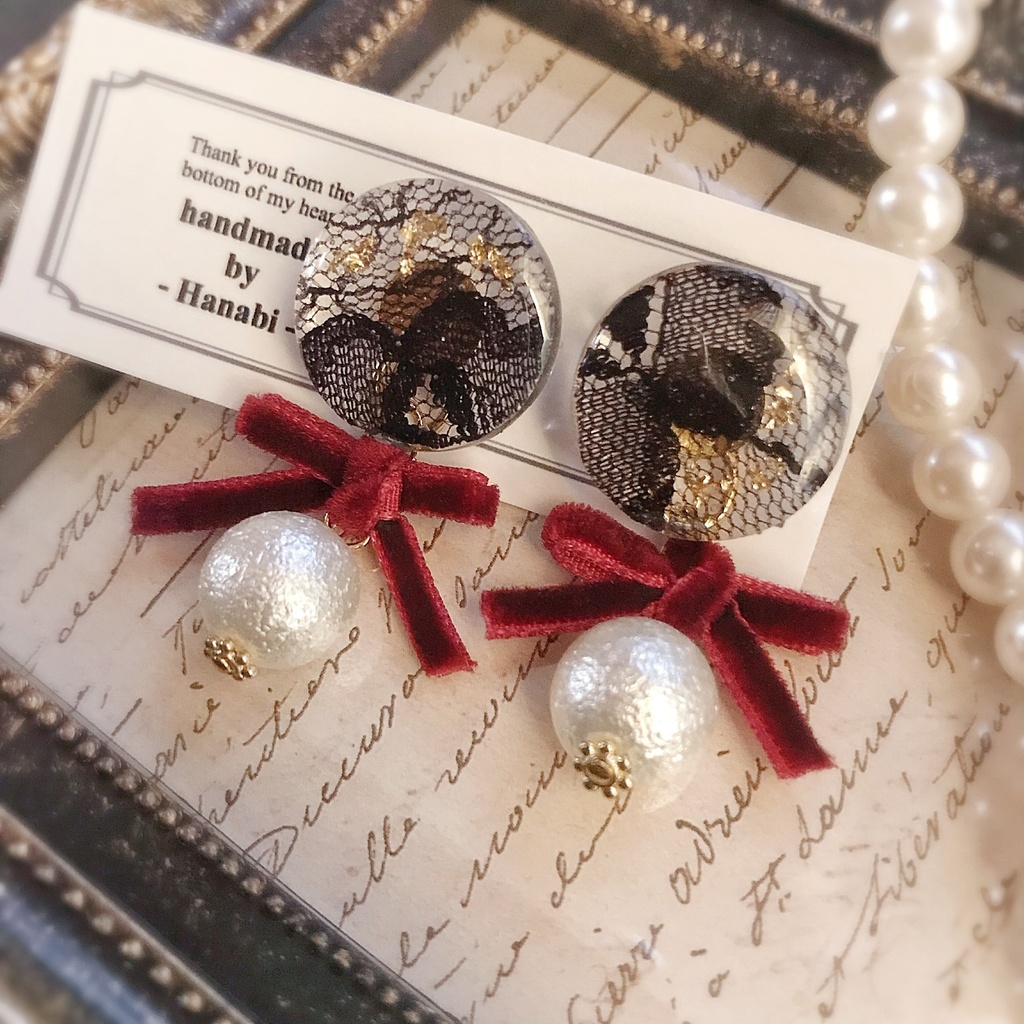 秋冬ベロア♡パールレースピアス