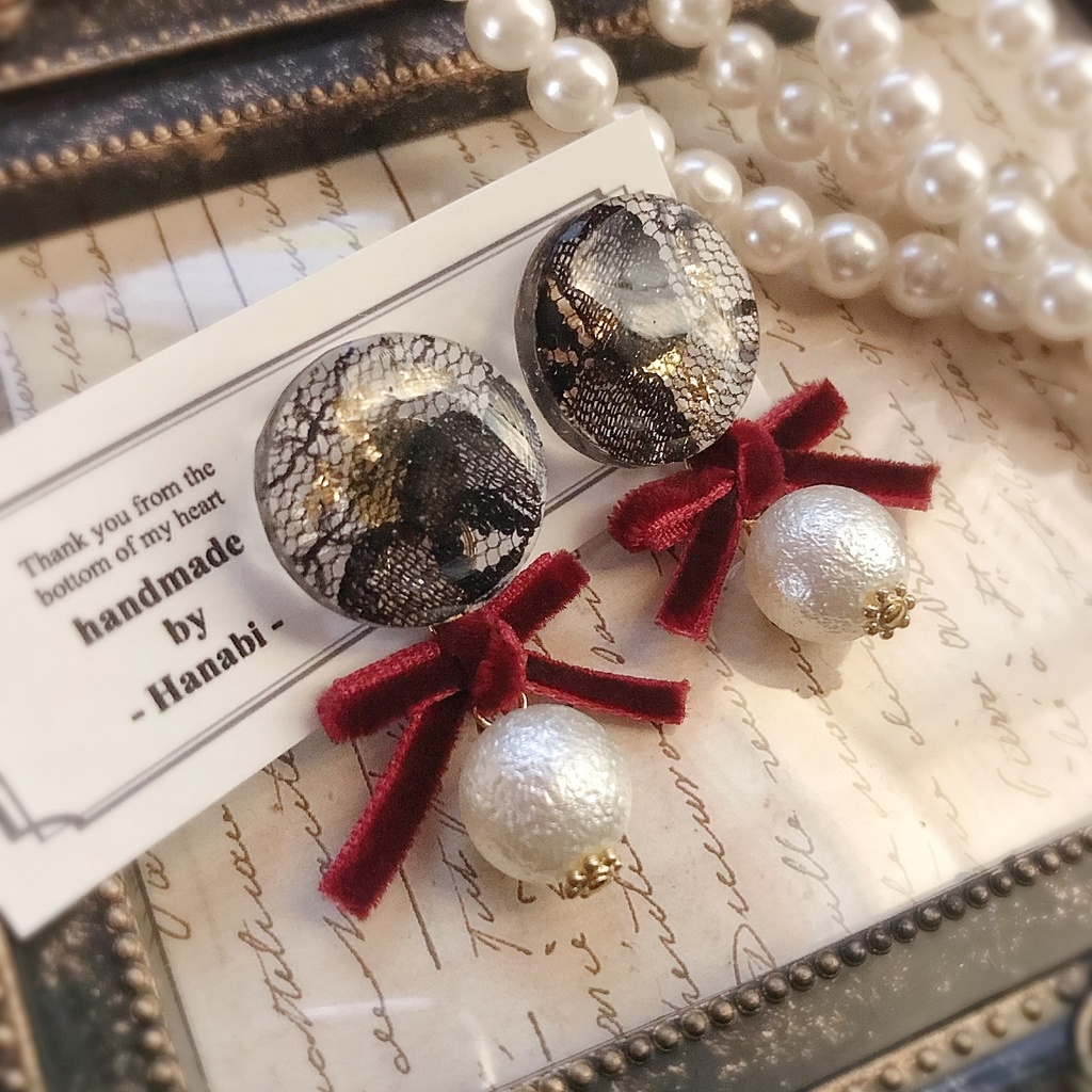 秋冬ベロア♡パールレースピアス