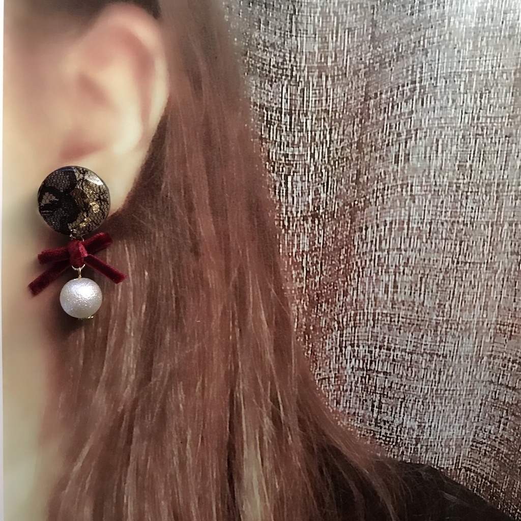 秋冬ベロア♡パールレースピアス