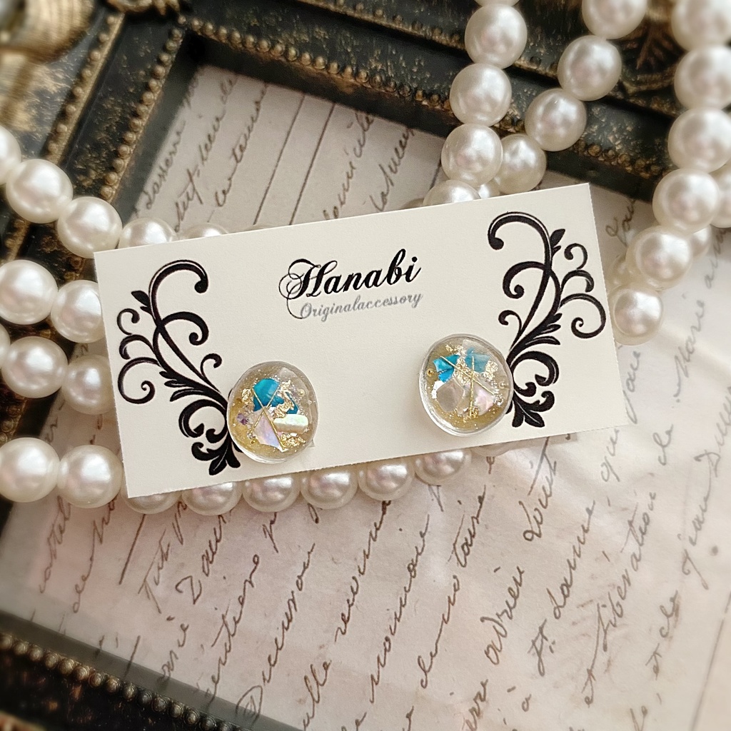シェル×ブルーホワイト♡プチ*おはじきseriesピアス