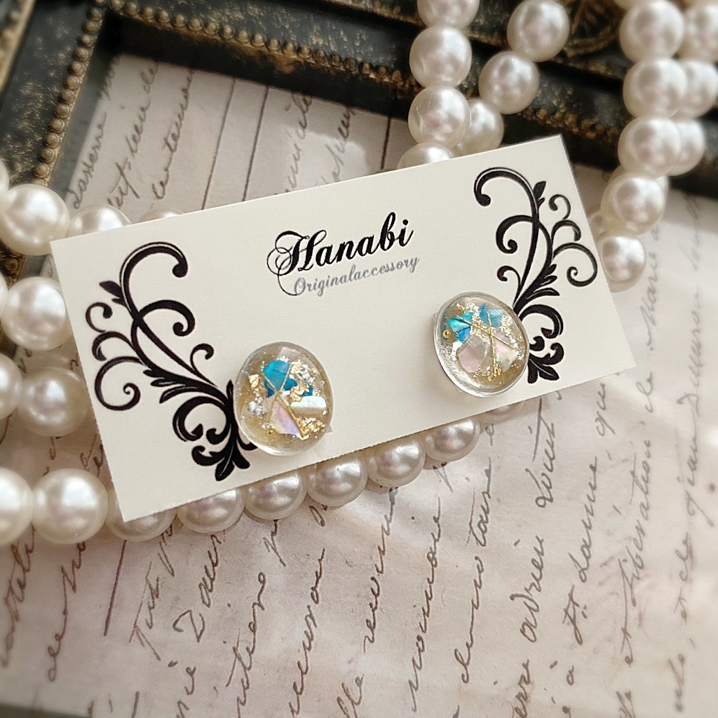 シェル×ブルーホワイト♡プチ*おはじきseriesピアス
