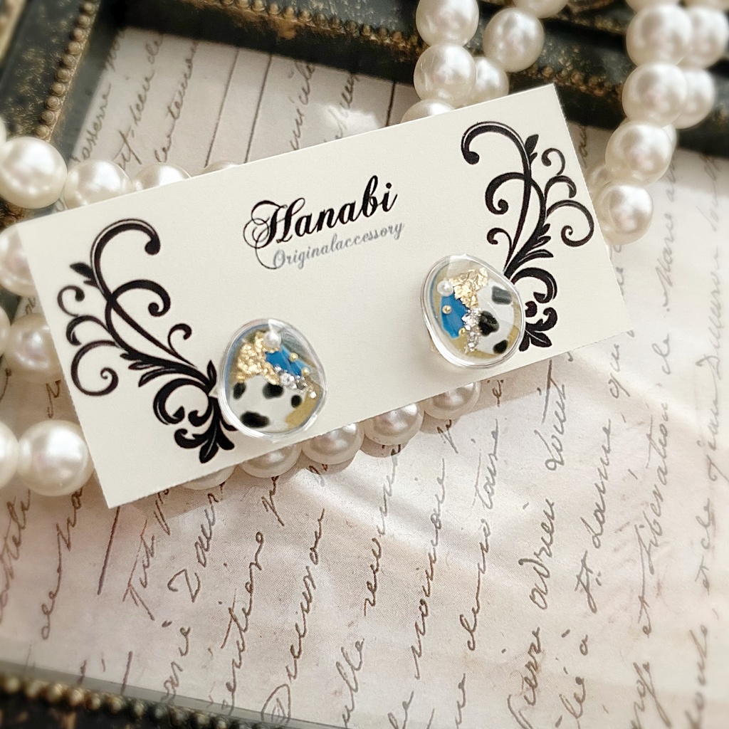 ダルメシアン×デニムブルー♡おはじきseriesピアス