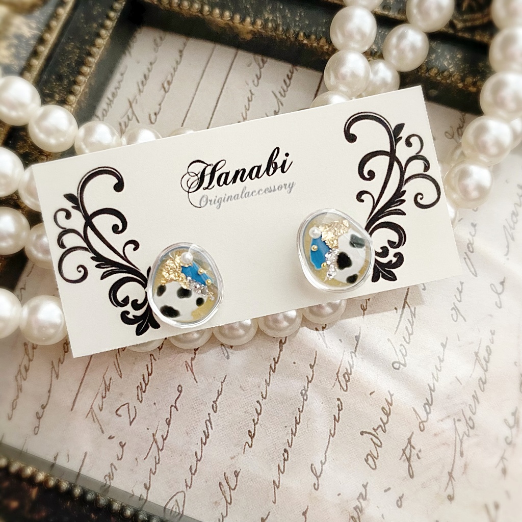 ダルメシアン×デニムブルー♡おはじきseriesピアス