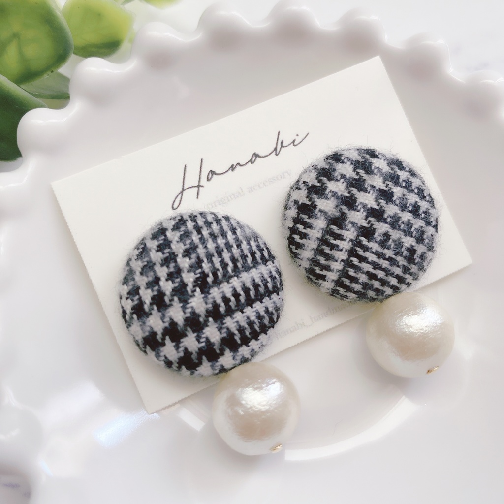 大ぶり♡コットンパール♡グレンチェックピアス/イヤリング