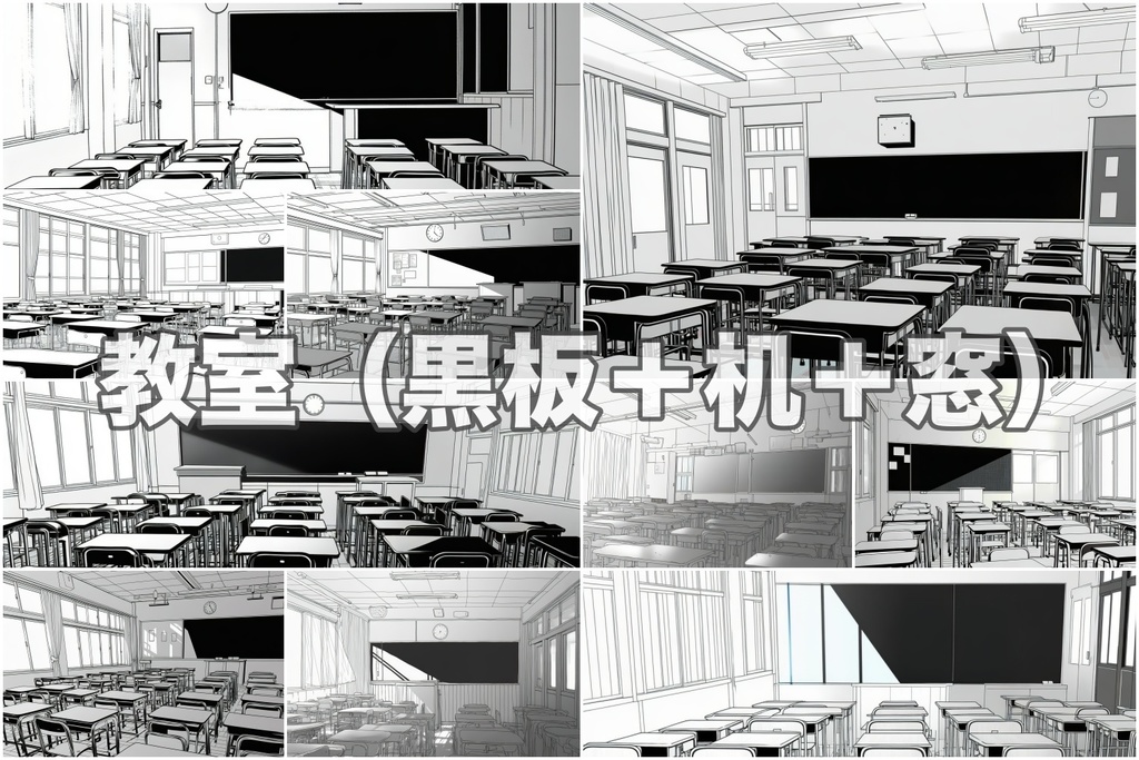 それっぽく決まる!【ゆる線画】学校背景60枚セット|教室・廊下・階段・校門・昇降口・図書室(漫画同人用)
