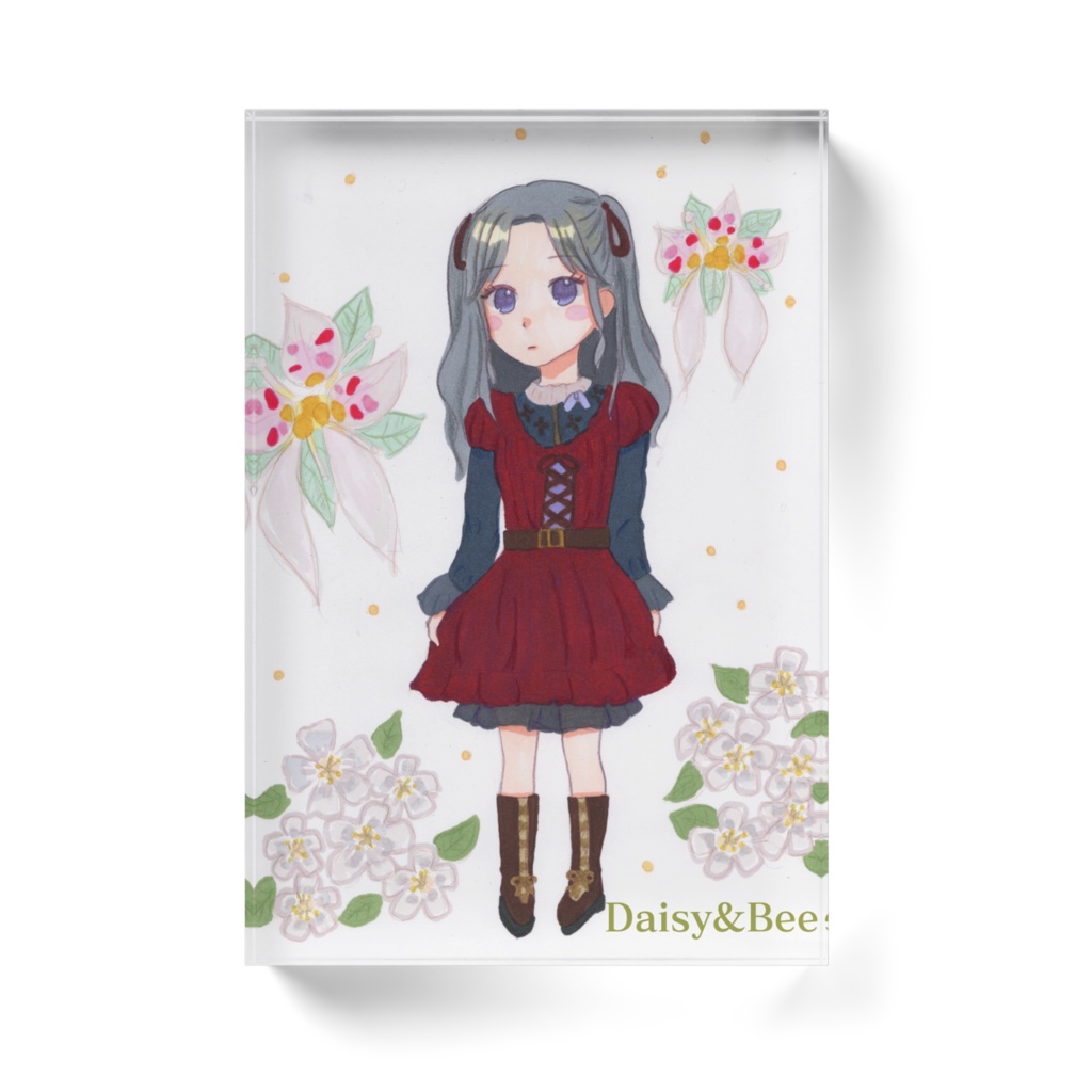 花と女の子~ユキノシタとピラカンサ~(アクリルブロック)