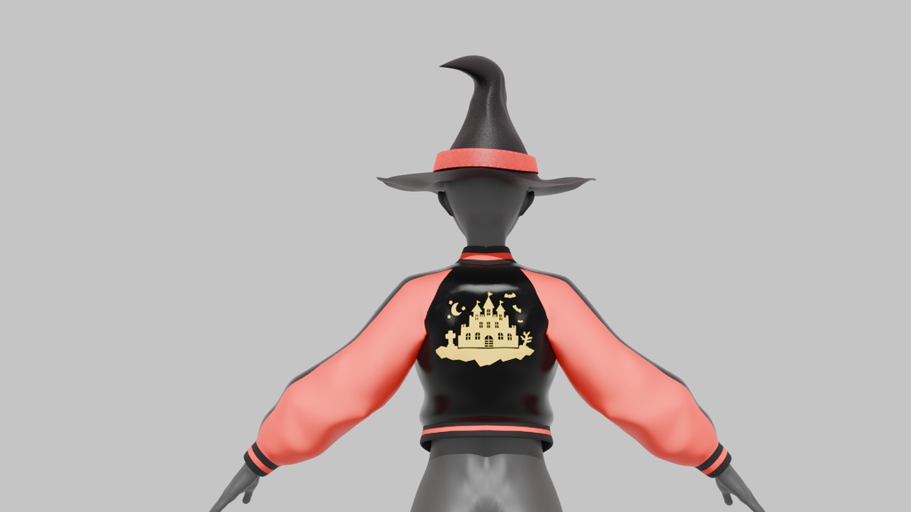 【Blender】 スカジャン(ハロウィン)魔女ハット、キョンシー帽子付き Sukajan(halloween) with witch hat,Jiangshi hat