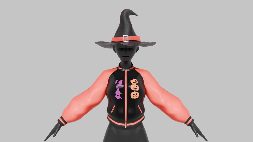 【Blender】　スカジャン(ハロウィン)魔女ハット、キョンシー帽子付き　Sukajan(halloween) with witch hat,Jiangshi hat