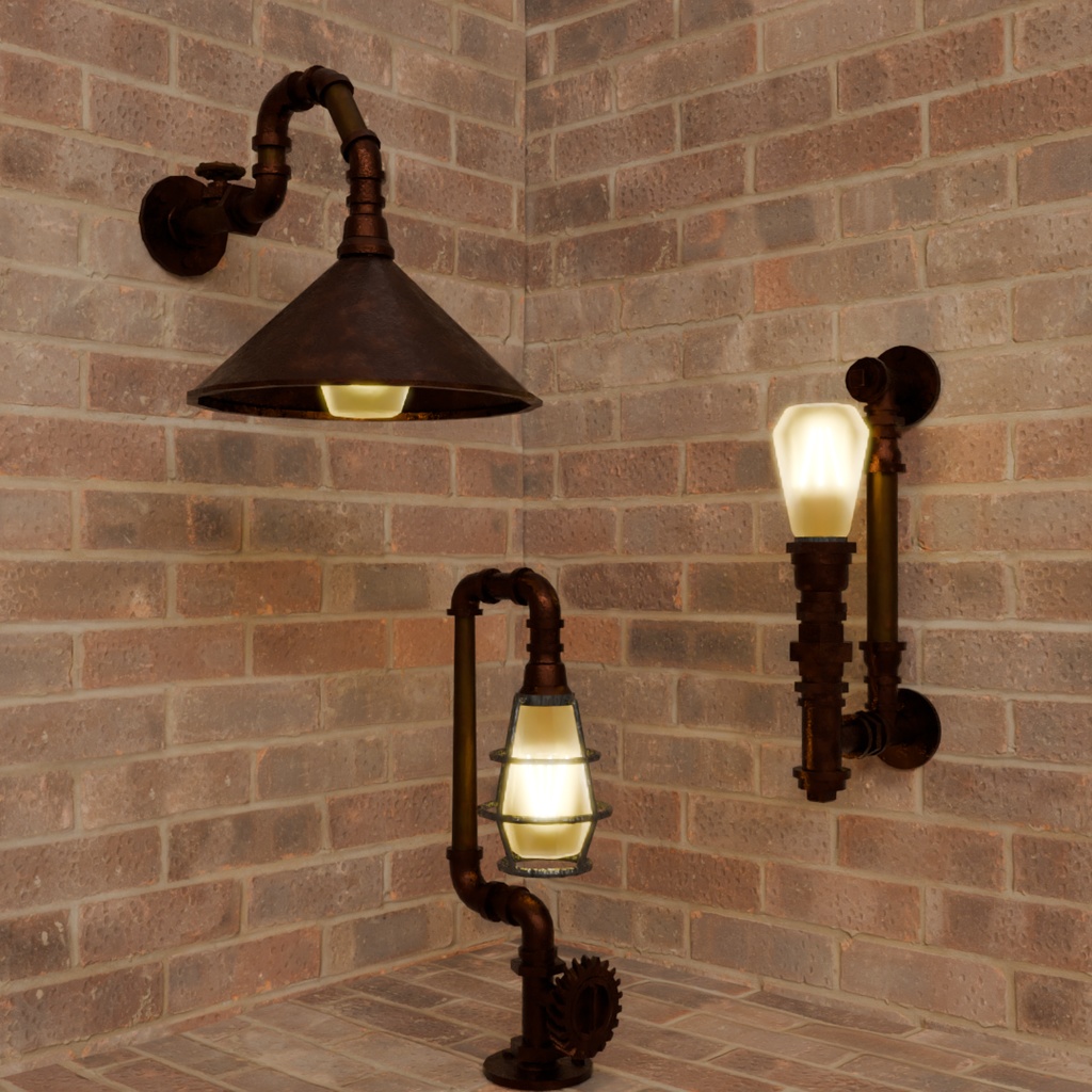 【Blender】スチームパンク風ランプ3点セット steampunk style lamp set