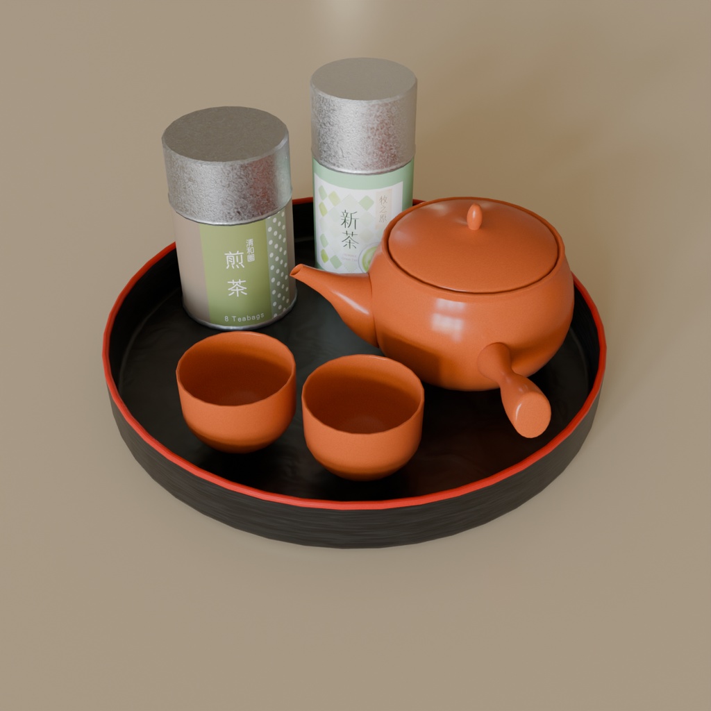 【Blender】お茶セット(急須・カップ・お盆・茶缶) Tea set