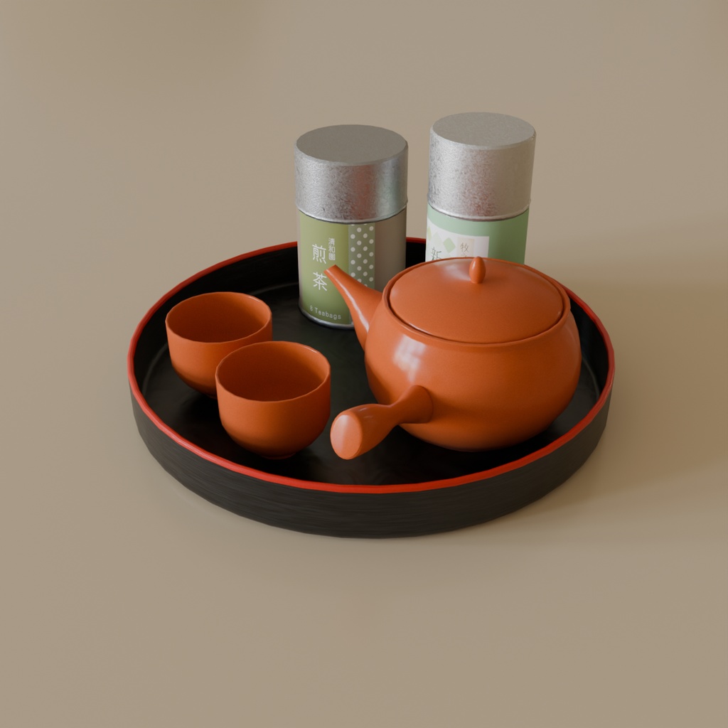 【Blender】お茶セット(急須・カップ・お盆・茶缶) Tea set
