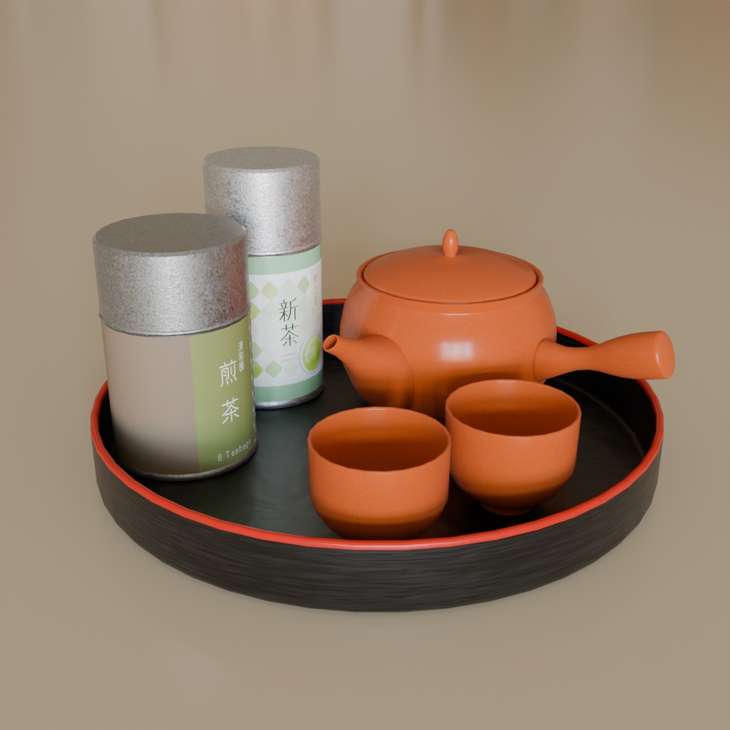 【Blender】お茶セット(急須・カップ・お盆・茶缶) Tea set