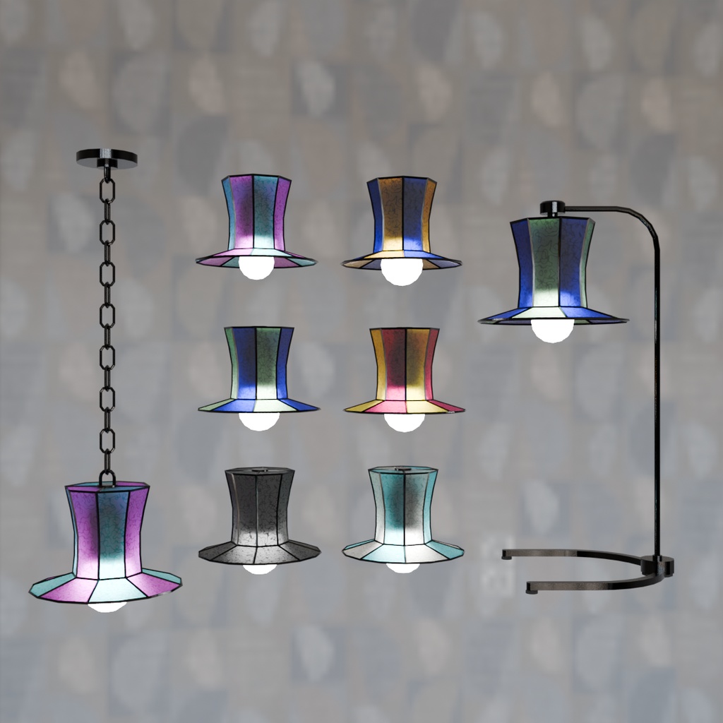 【Blender】ステンドグラス風シルクハットランプ2種6カラー Silk hat lamp in stained glass style