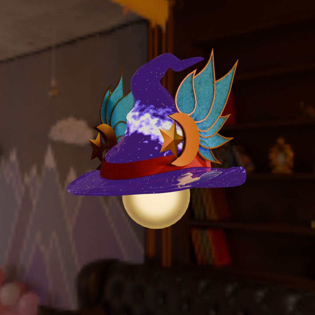 【Blender】羽付き魔女ハットのランプ Lamp with feathered witch hat