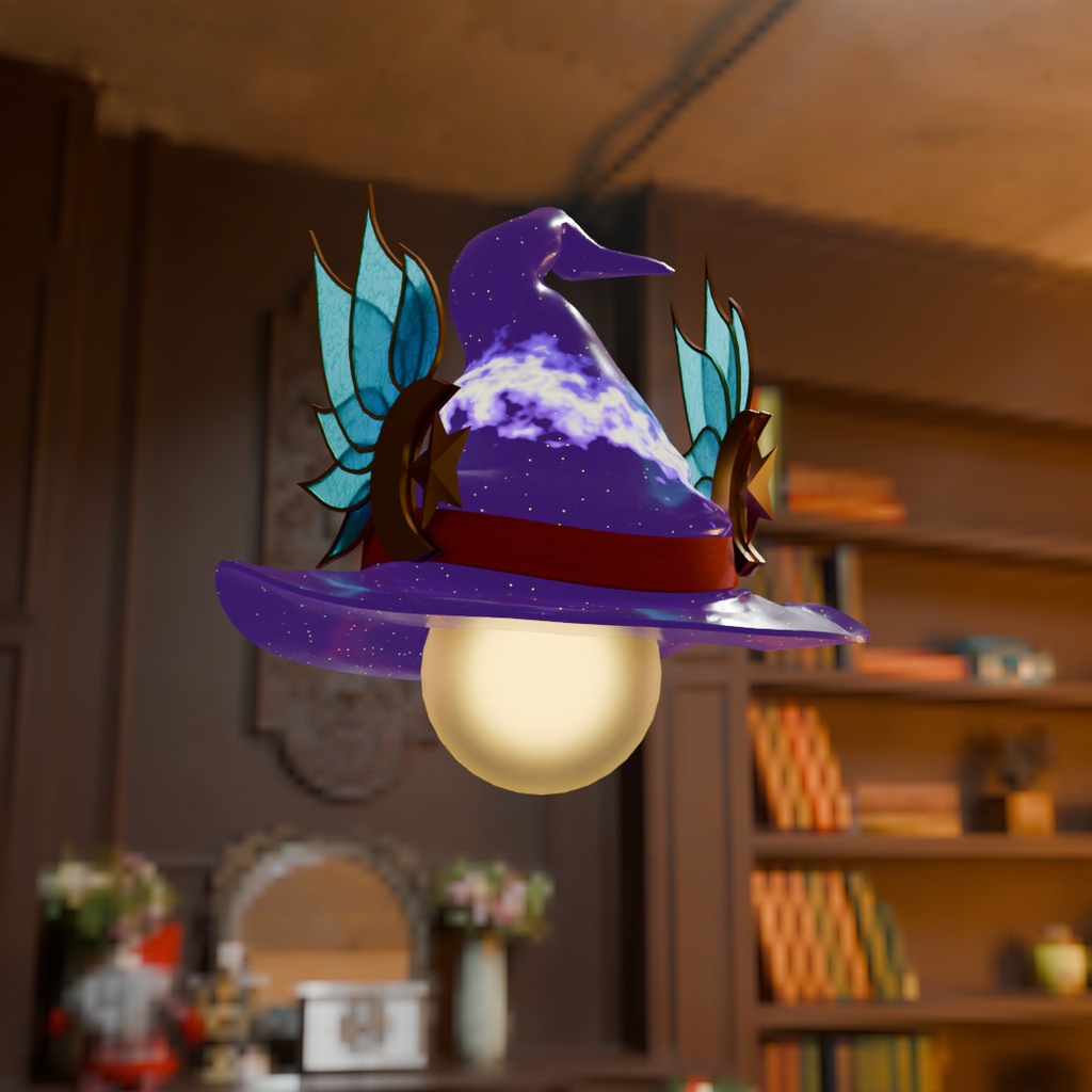 【Blender】羽付き魔女ハットのランプ Lamp with feathered witch hat