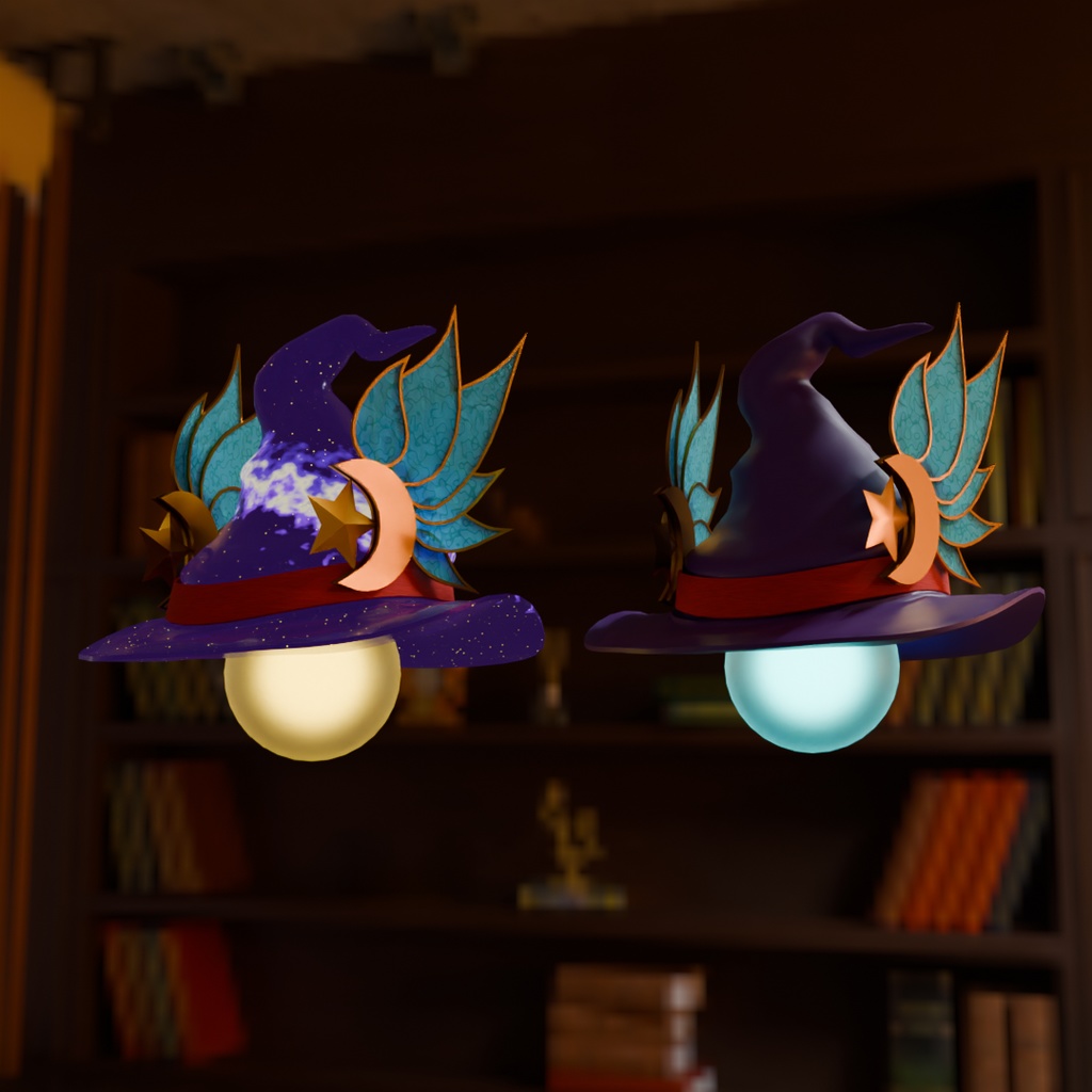 【Blender】羽付き魔女ハットのランプ Lamp with feathered witch hat