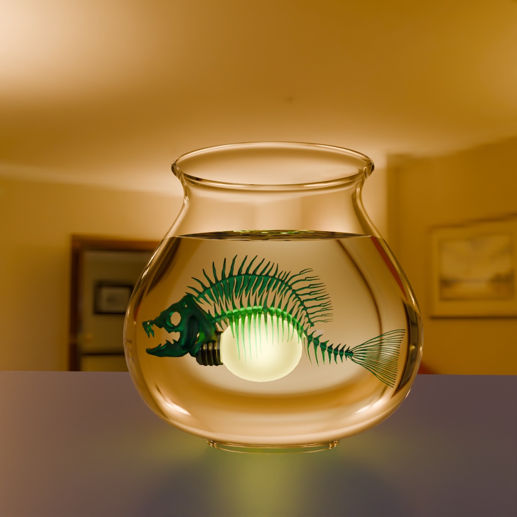 【Blender】 金魚鉢に入った魚の骨のライト Fish bone light in a goldfish bowl