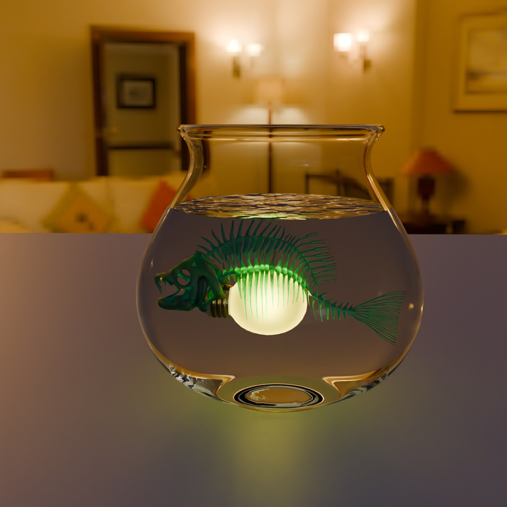 【Blender】 金魚鉢に入った魚の骨のライト Fish bone light in a goldfish bowl