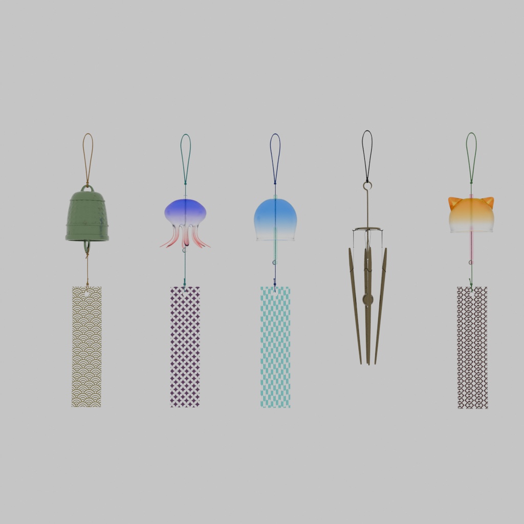 【Blender】 風鈴5パターン 5 patterns of wind chimes