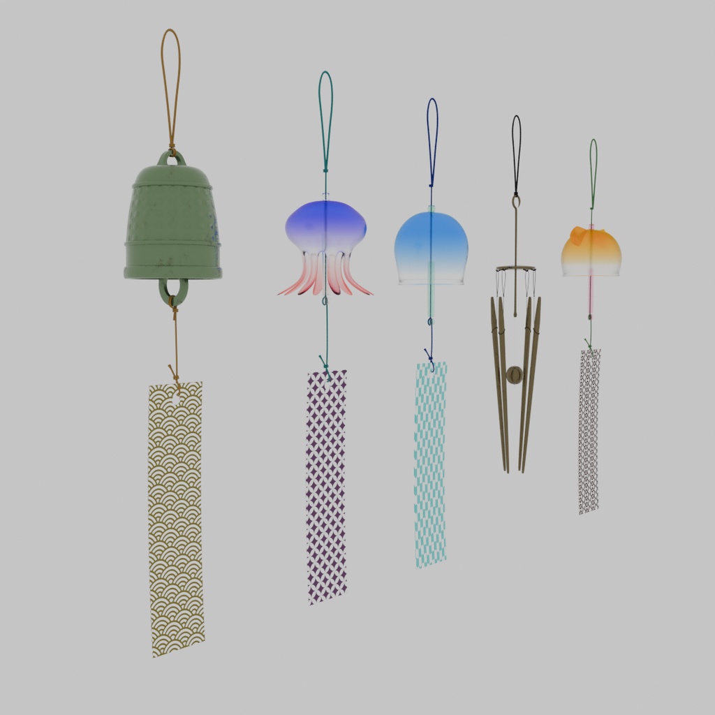 【Blender】 風鈴5パターン 5 patterns of wind chimes