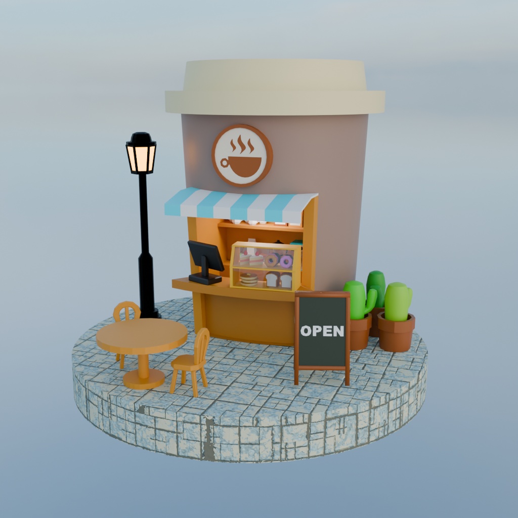 【Blender】 ローポリジオラマ風チルドカップ型カフェ Low-poly diorama style chilled cup type cafe