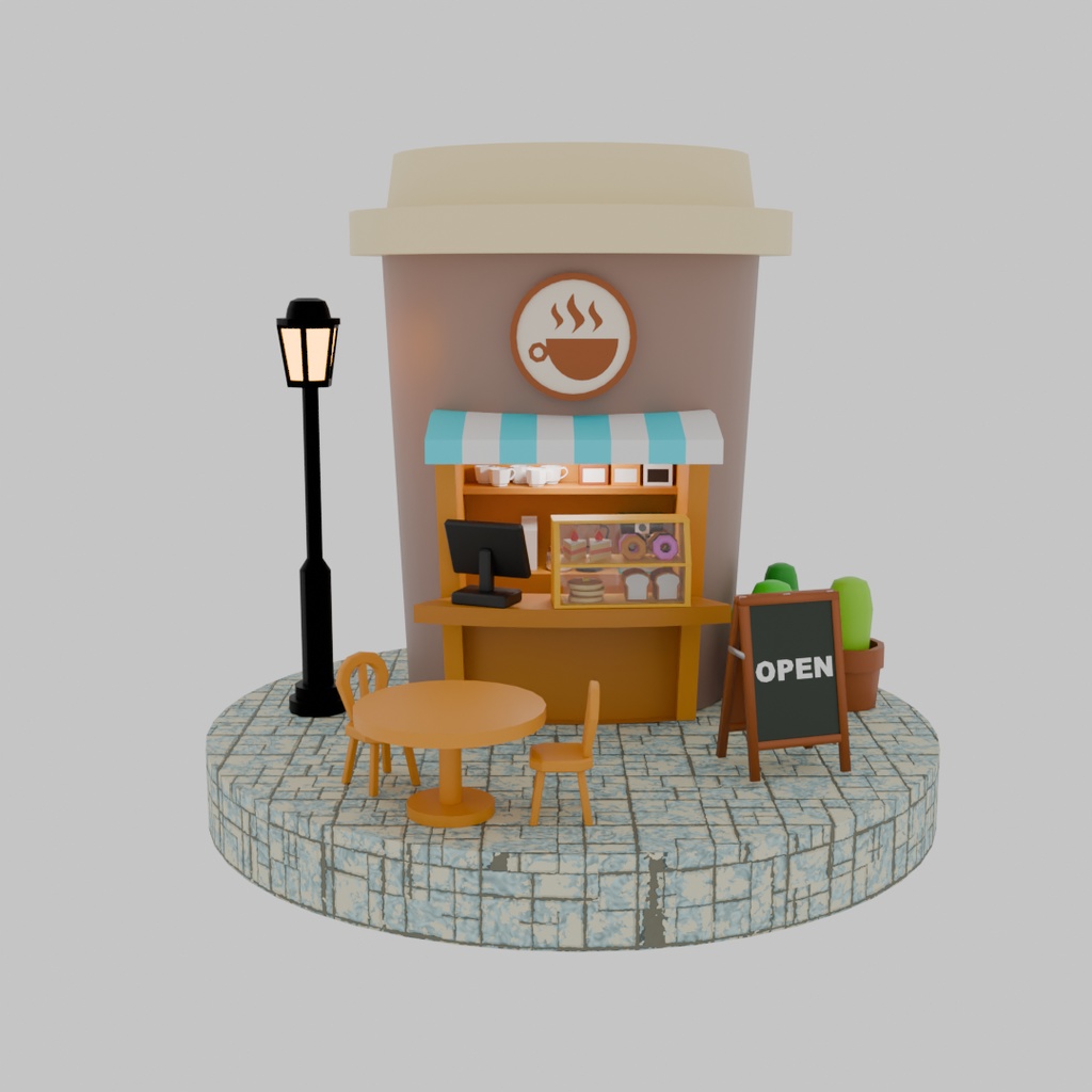 【Blender】 ローポリジオラマ風チルドカップ型カフェ Low-poly diorama style chilled cup type cafe