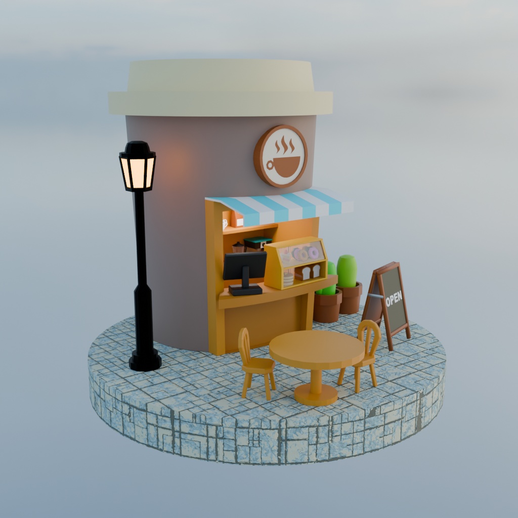 【Blender】 ローポリジオラマ風チルドカップ型カフェ Low-poly diorama style chilled cup type cafe