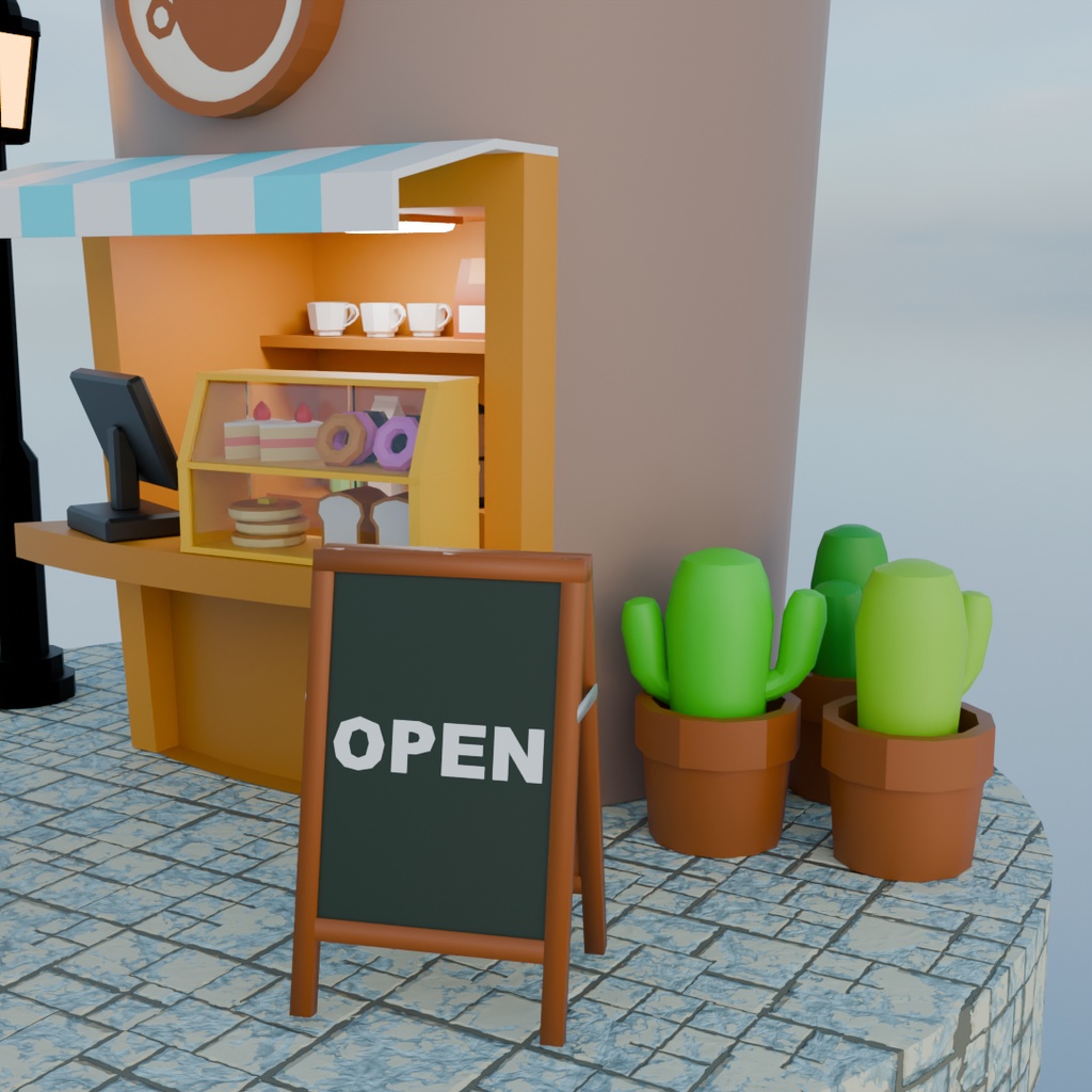 【Blender】 ローポリジオラマ風チルドカップ型カフェ Low-poly diorama style chilled cup type cafe