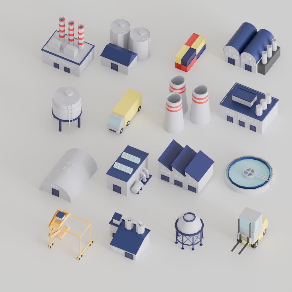 【Blender】 ローポリ工業用設備16セット Low Poly Industrial Equipment Set