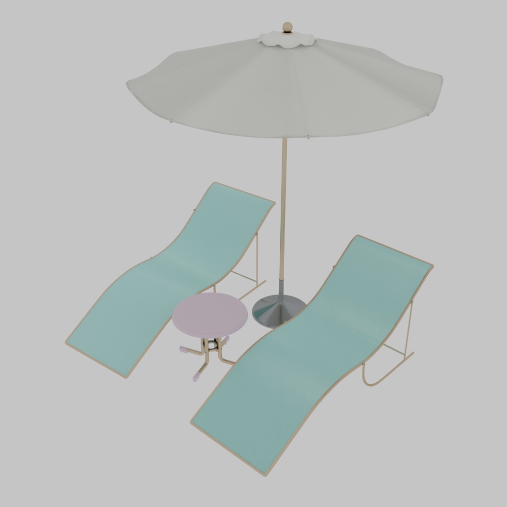 【Blender】 プールサイドのパラソル・デッキチェア・テーブルセット Poolside parasol, chair and table set