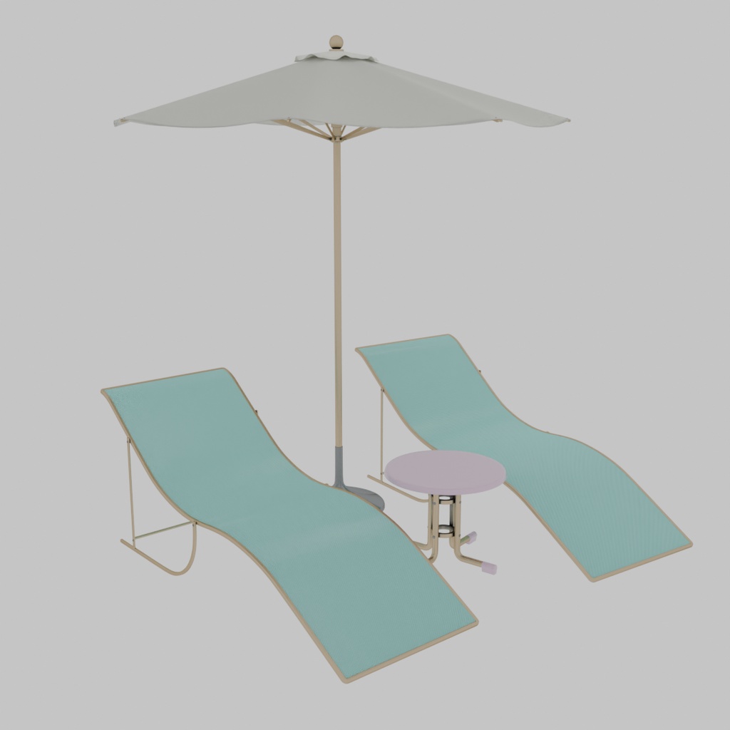 【Blender】 プールサイドのパラソル・デッキチェア・テーブルセット Poolside parasol, chair and table set