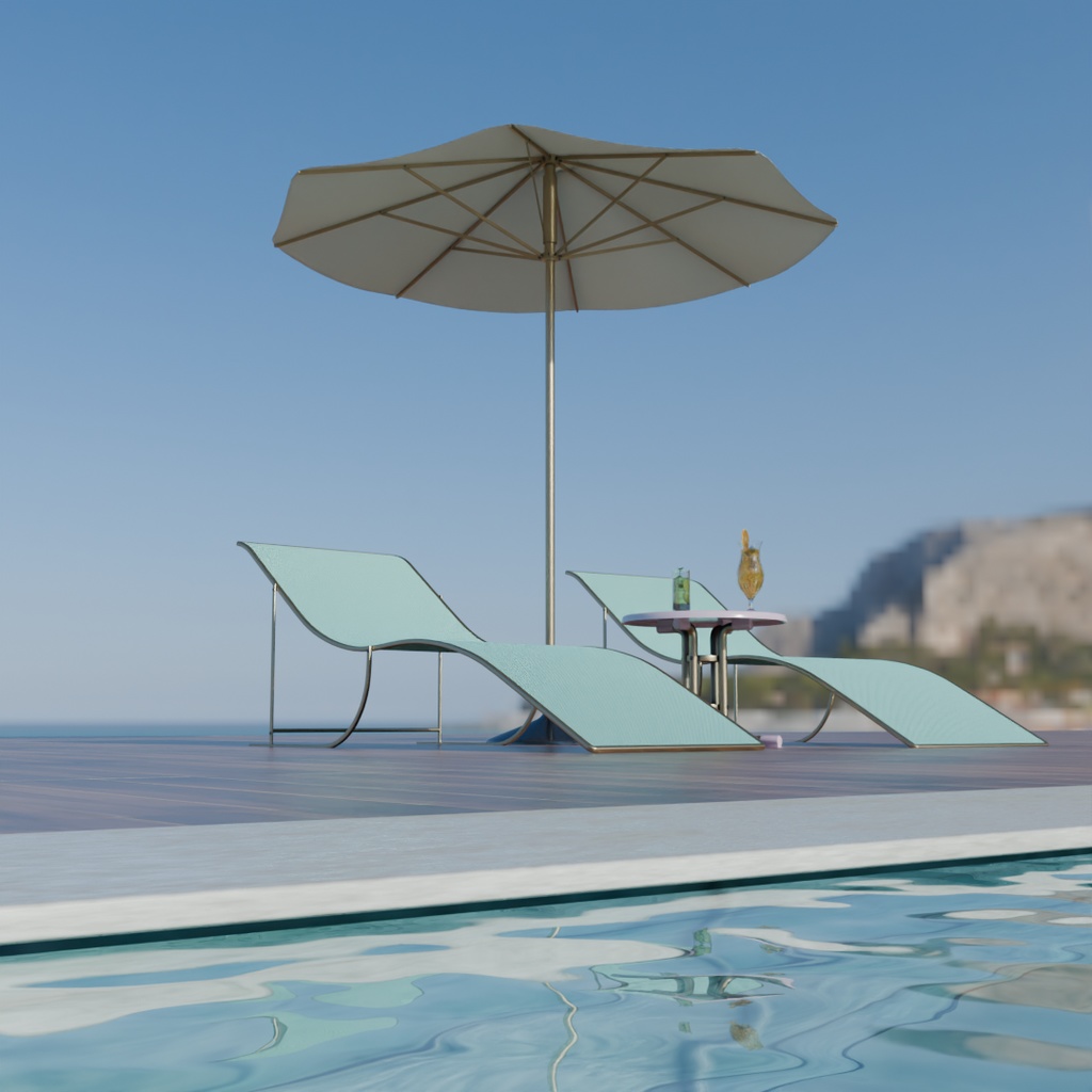 【Blender】 プールサイドのパラソル・デッキチェア・テーブルセット Poolside parasol, chair and table set