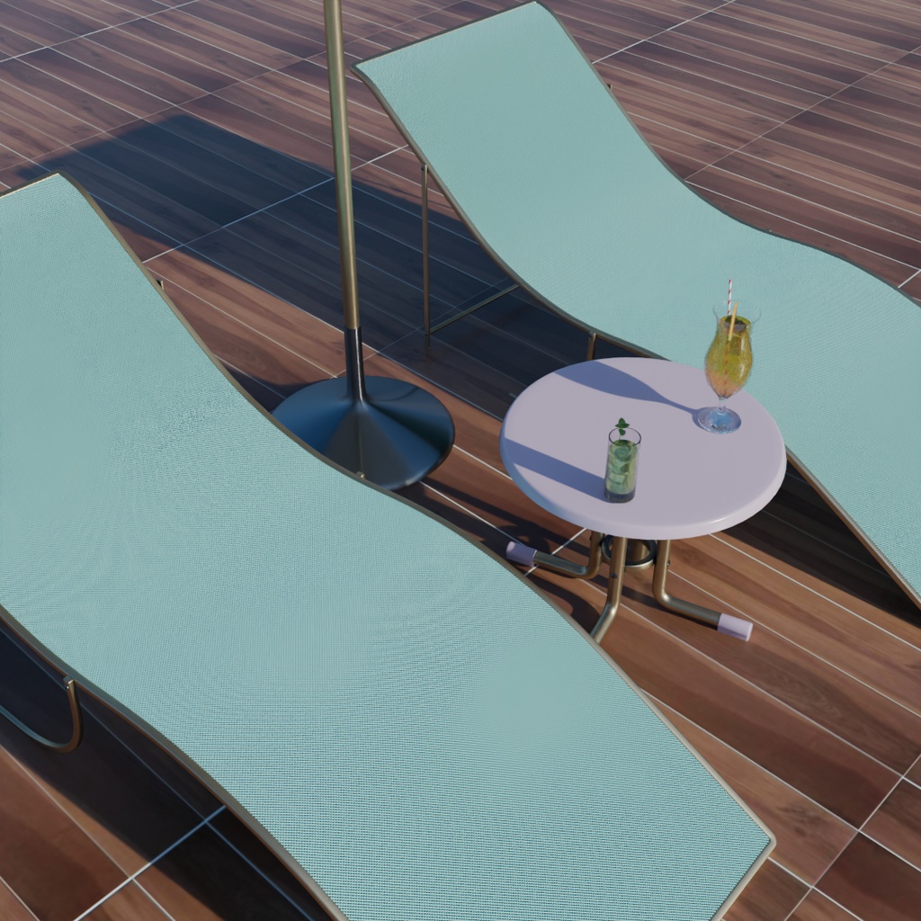 【Blender】 プールサイドのパラソル・デッキチェア・テーブルセット Poolside parasol, chair and table set