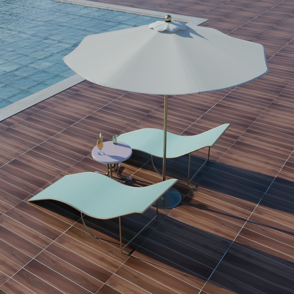 【Blender】 プールサイドのパラソル・デッキチェア・テーブルセット Poolside parasol, chair and table set