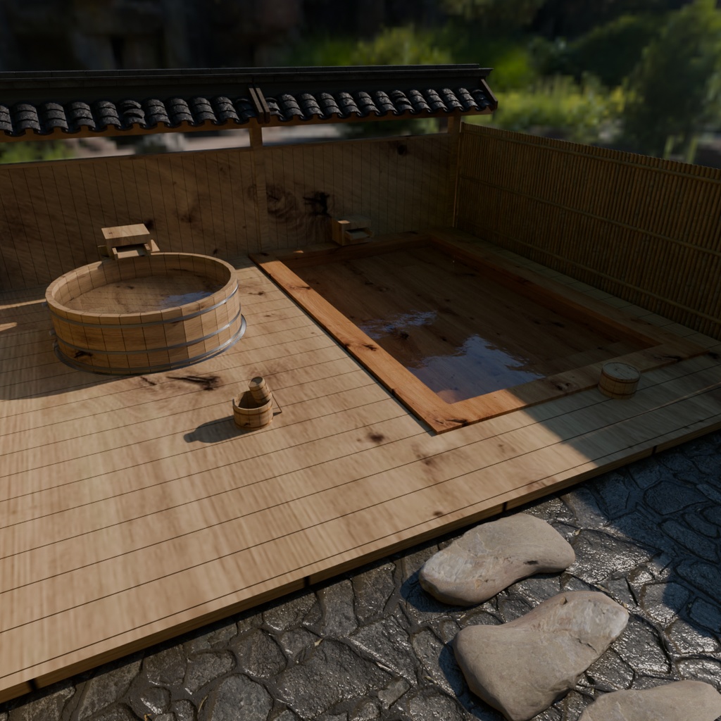 【Blender】 檜の露天風呂 Open-air bath made of hinoki cypress