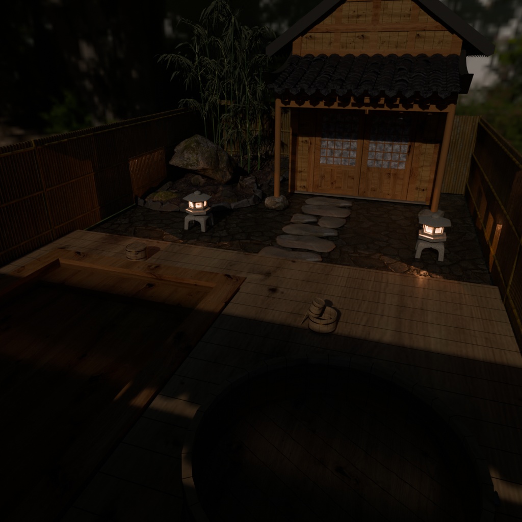 【Blender】 檜の露天風呂 Open-air bath made of hinoki cypress