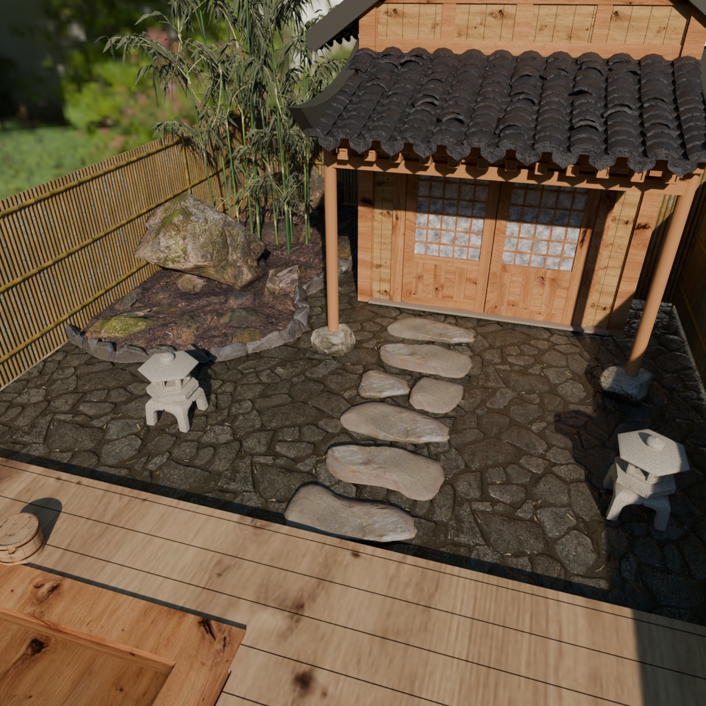 【Blender】 檜の露天風呂 Open-air bath made of hinoki cypress