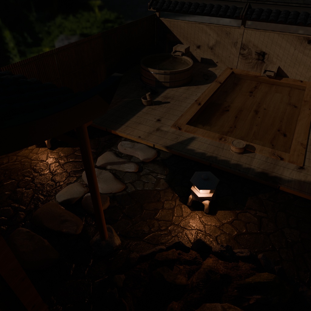 【Blender】 檜の露天風呂 Open-air bath made of hinoki cypress