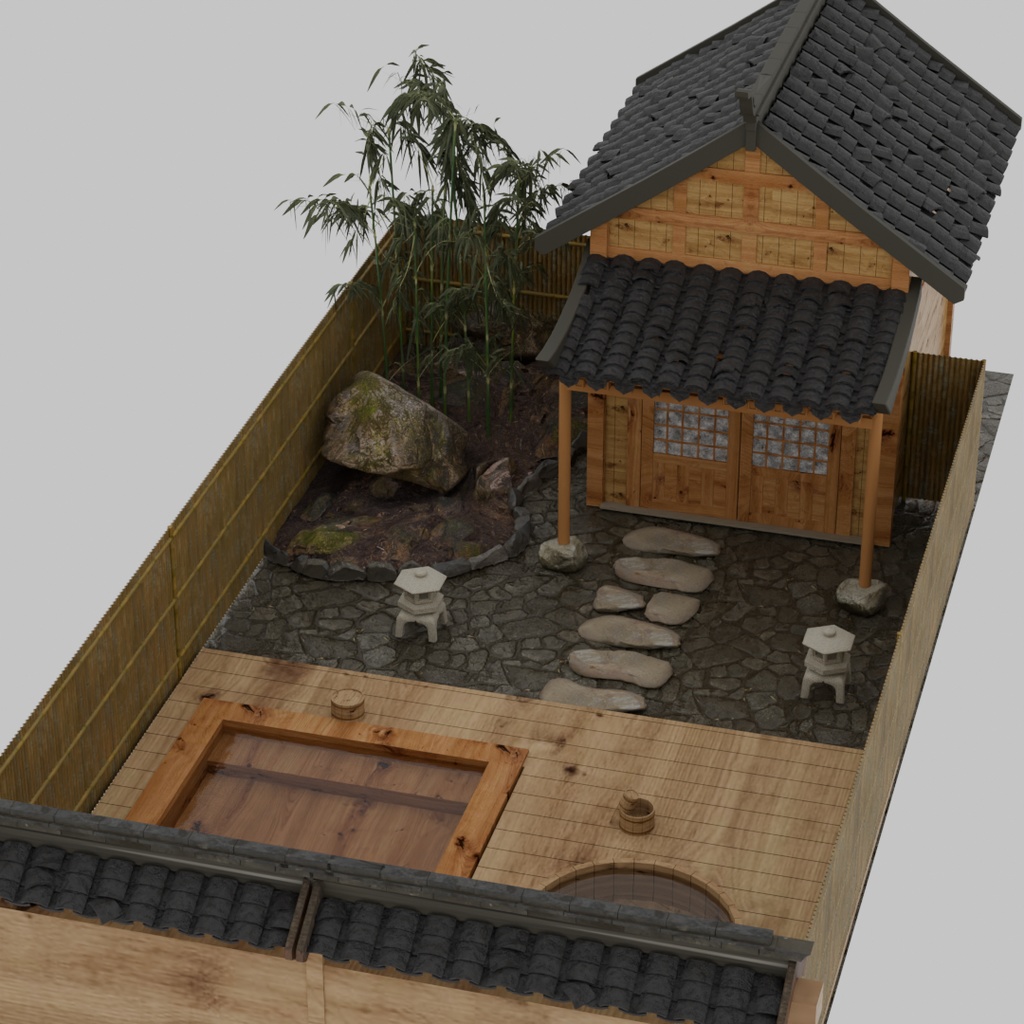 【Blender】 檜の露天風呂 Open-air bath made of hinoki cypress
