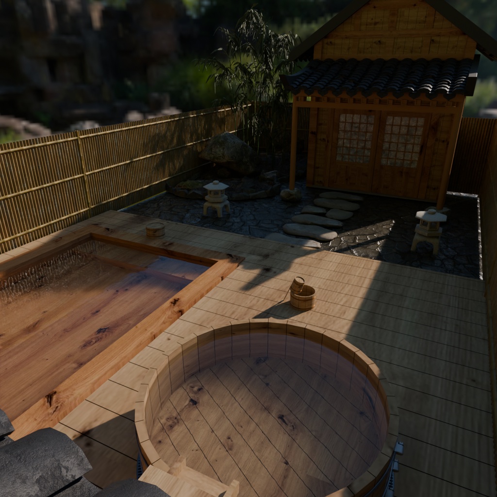 【Blender】 檜の露天風呂 Open-air bath made of hinoki cypress