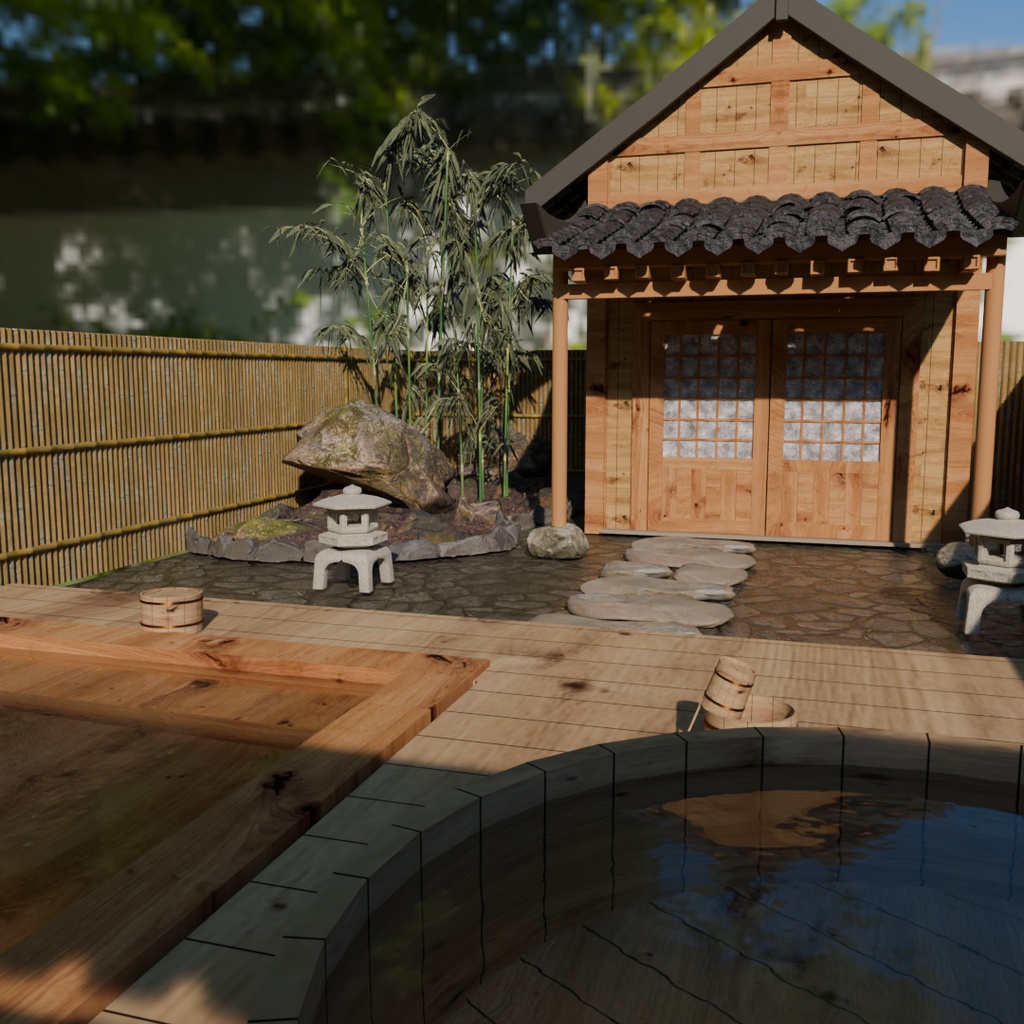 【Blender】 檜の露天風呂 Open-air bath made of hinoki cypress