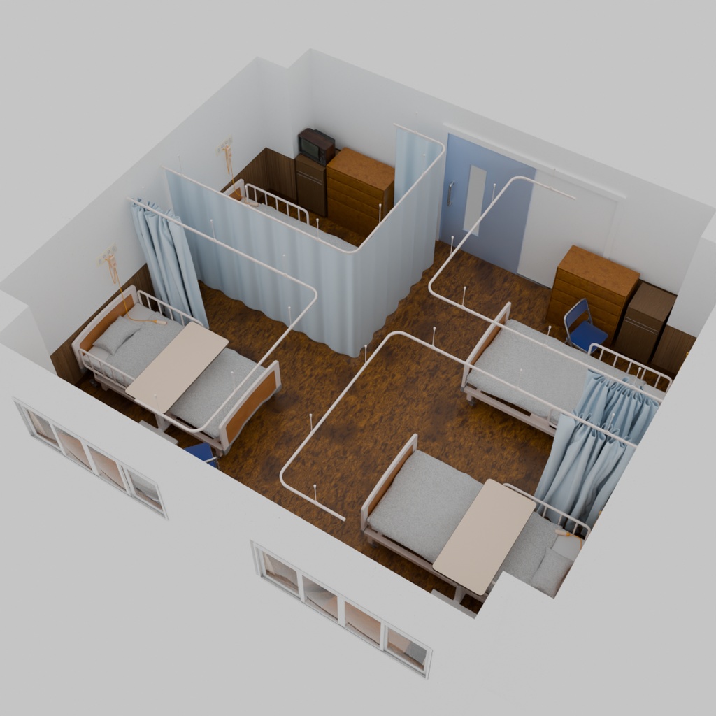【Blender】 病室(4人部屋) Hospital room (4-bed room)