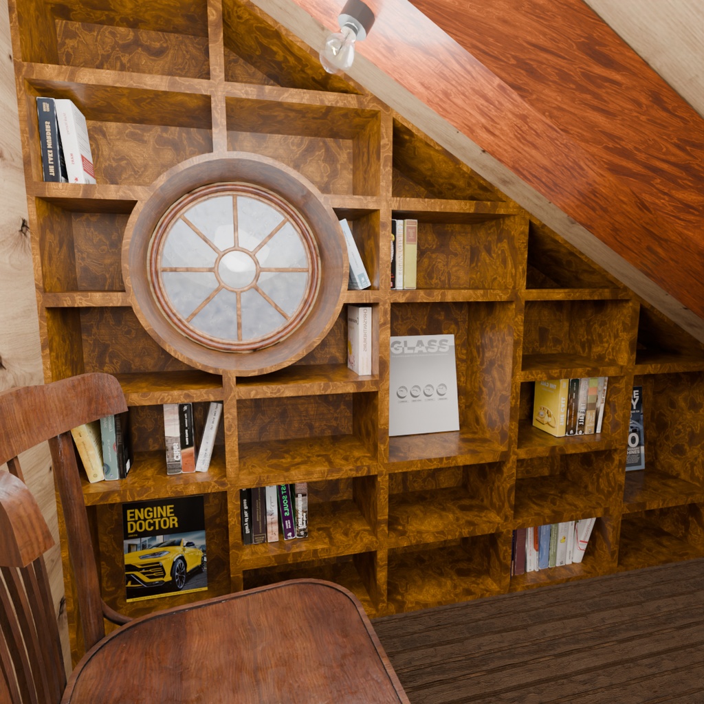 【Blender】 大きな本棚のある屋根裏部屋 The attic room with the large bookshelf