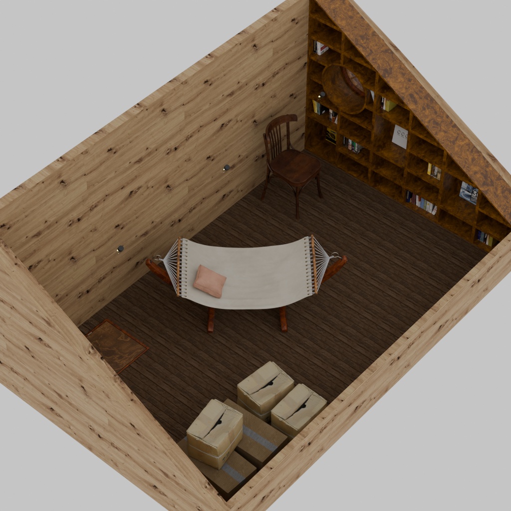 【Blender】 大きな本棚のある屋根裏部屋 The attic room with the large bookshelf