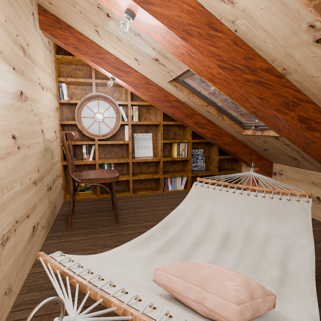 【Blender】 大きな本棚のある屋根裏部屋 The attic room with the large bookshelf