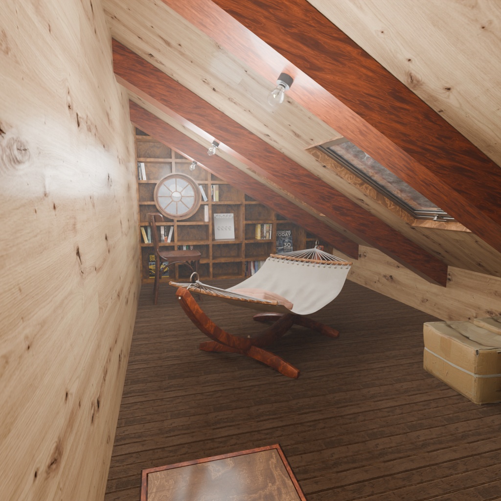 【Blender】 大きな本棚のある屋根裏部屋 The attic room with the large bookshelf