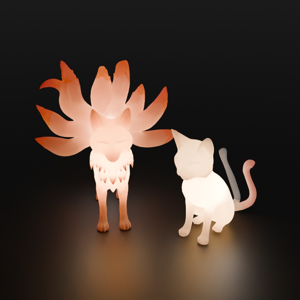 【Blender】 猫又と九尾の狐の間接照明 Indirect Lighting Between the Cat-Yokai and the Nine-Tailed Fox