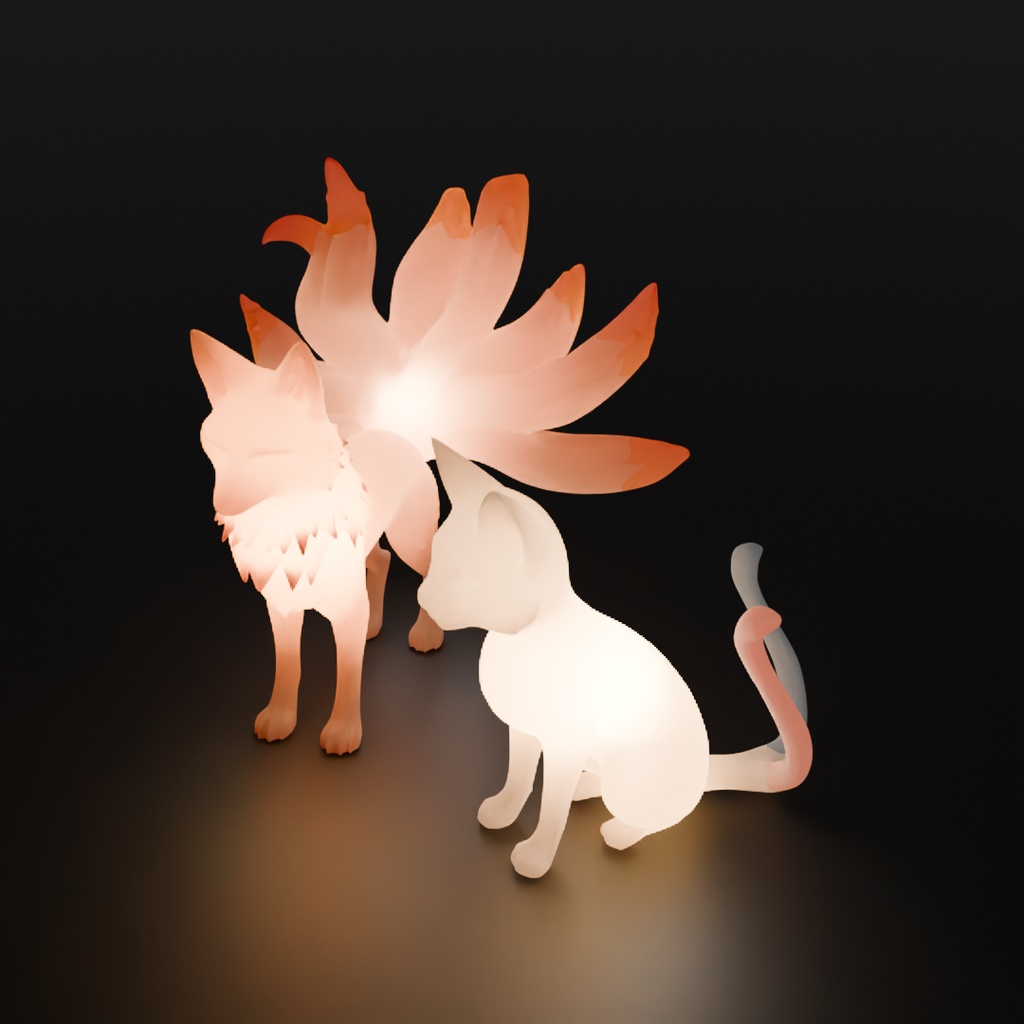 【Blender】 猫又と九尾の狐の間接照明 Indirect Lighting Between the Cat-Yokai and the Nine-Tailed Fox